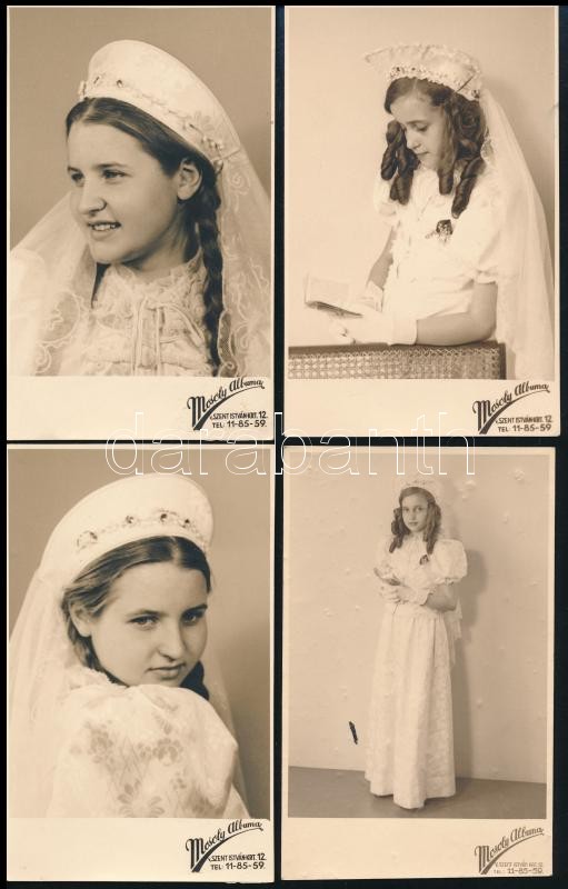 cca 1930 Elsőáldozó lányok, 7 db fotó két lányról, 13,5×8,5 cm