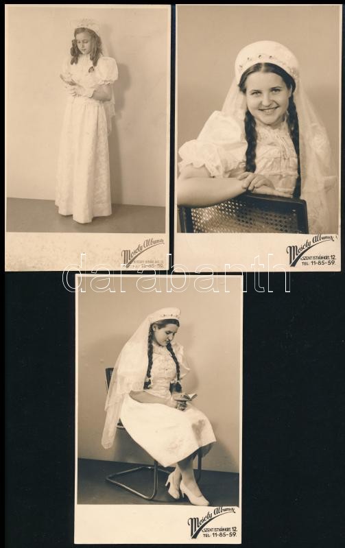 cca 1930 Elsőáldozó lányok, 7 db fotó két lányról, 13,5×8,5 cm - Image 2