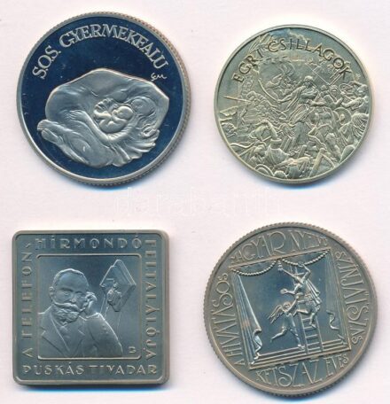 1990. 100Ft Cu-Ni 'SOS Gyermekfalu' + 1990. 100Ft Cu-Ni '200 éves a hivatásos magyar nyelvű színjátszás' + 2008. 1000Ft Cu-Ni 'Telefonhírmondó - Puskás Tivadar' + 2013. 1000Ft Cu-Ni-Zn 'Egri csillagok' T:BU,PP fo.