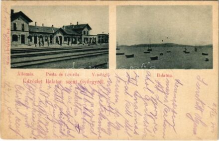 1900 Balatonszentgyörgy, vasútállomás, posta és távirda, vendéglő, Balaton. Weiss & Dreykurs