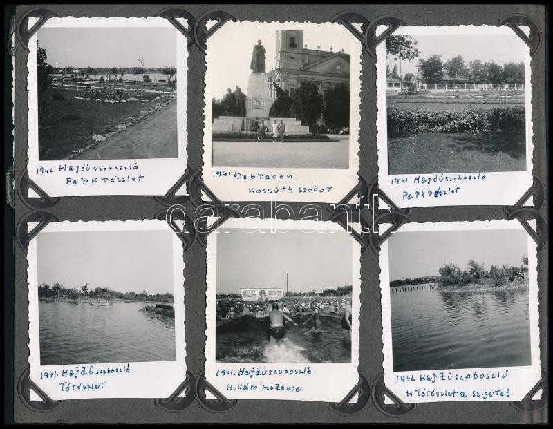 1941 Debrecen, Hajdúszoboszló, Hortobágy, 30 db fotósarokkal albumlapra ragasztott fotó, 6×6 és 6×9 cm - Image 2