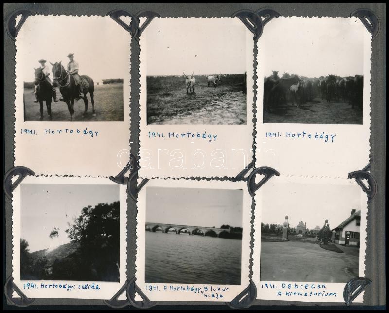 1941 Debrecen, Hajdúszoboszló, Hortobágy, 30 db fotósarokkal albumlapra ragasztott fotó, 6×6 és 6×9 cm - Image 3