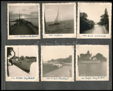 1940 Siófok, balatoni részletek, 12 db fotó fotósarokkal albumlapra ragasztva, 6×6 cm