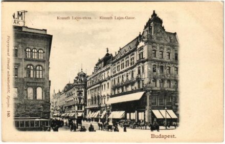 Budapest V. Kossuth Lajos utca, villamos, Sternberg Ármin és Testvére üzlete. Fénynyomat Divald műintézetéből 140. (EK)