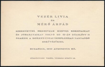1946 Bp., Zsidó esküvői meghívó a Dohány utcai zsinagógába