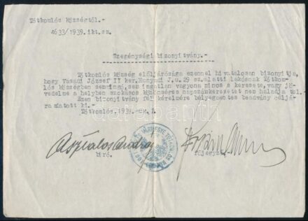 1939 Tótkomlós, szegénységi bizonyítvány