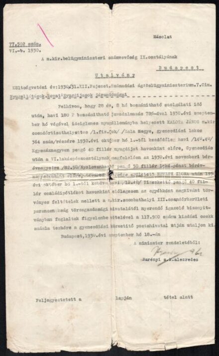 1930 Bp., Csendőrtiszthelyettes részére való kiutalásról szóló levél