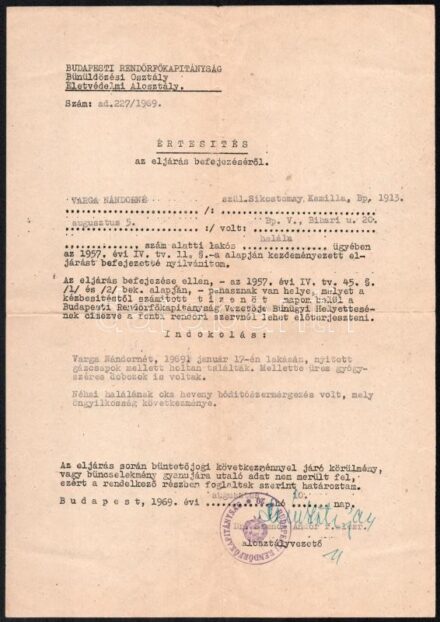 1969 Rendőrségi értesítés öngyilkos nő ügyének lezárásáról