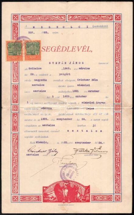 1925 Miskolc, asztalos segédlevél, illetékbélyeggel