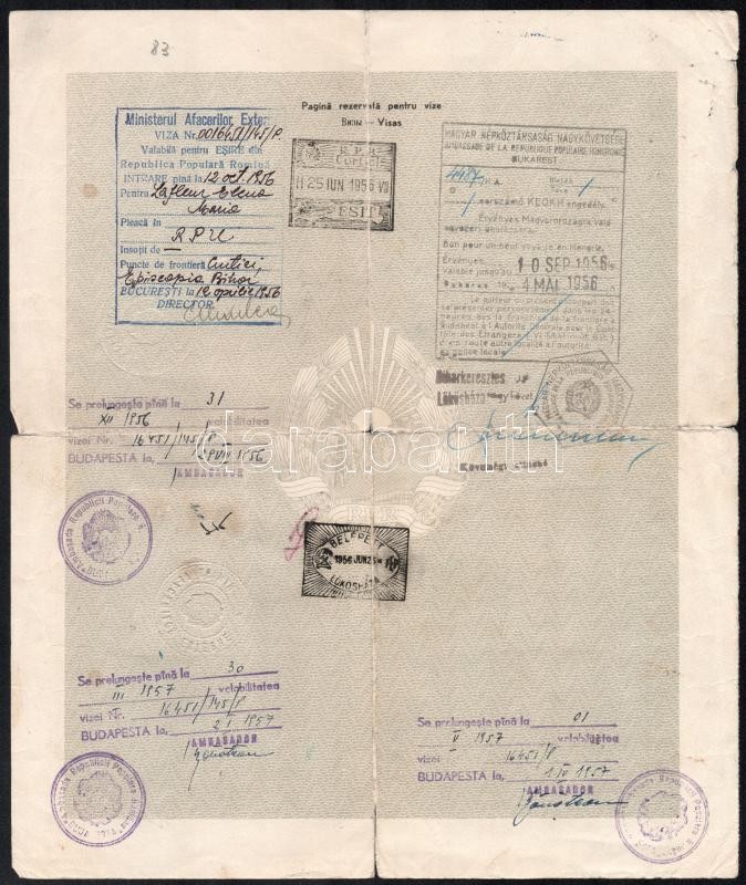 1956 Román fényképes útlevél, pecsétekkel, szakadással - Image 2
