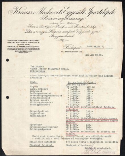 1936 Bp., Krausz Moskovits Egyesült Ipartelepek Részvénytársaság fejléces számla