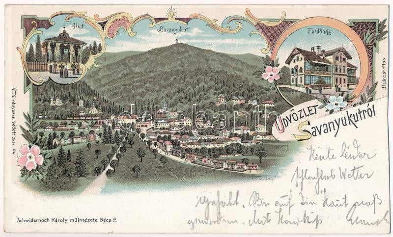 1901 Savanyúkút, Bad Sauerbrunn bei Wiener Neustadt; Kút, Savanyúkút, Fürdőház. Schwidernoch Károly műintézete / spa, bath. Art Nouveau, floral, litho (vágott / cut)