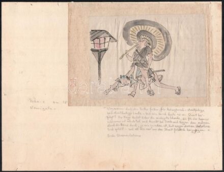 XVIII. vagy XIX. sz. japán művész munkája: Szamurájok harca (toba-e karikatúra rajz). Tus, akvarell, papír. Papírra kasírozva. Korábban egy másik lapon is rögzítve, amelyen további német nyelvű feliratok. 12×17 cm