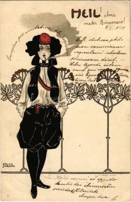 1901 Heil / Lady smoking a cigarette. Art Nouveau litho A. Sockl, Wien I. s: Fritz Smrczka (EK)