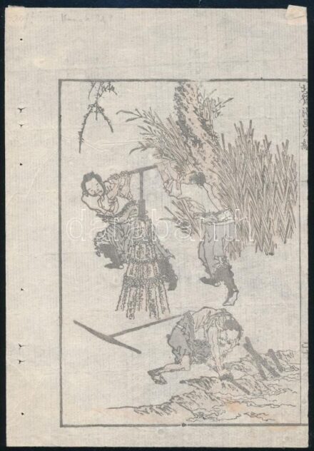 XIX. sz. ismeretlen japán művész munkája: Munkások. Fametszet, papír. Lap jobb széle feltételezhetően vágott. 17,5×13 cm