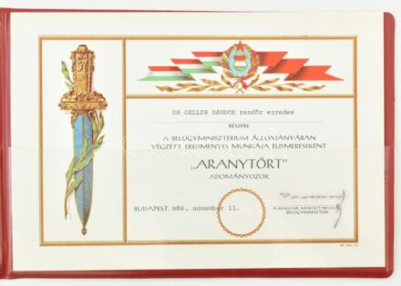 1986 'Aranytőr' adományozó oklevél Dr. Geller Sándor rendőrezredes részére
