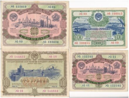 Szovjetunió 1951. 10R 'A Szovjetunió Állami Gazdaságfejlesztő Kölcsöne' + 1952. 10R + 100R 'A Szovjetunió Állami Gazdaságfejlesztő Kölcsöne' + 1953. 'A Szovjetunió Állami Gazdaságfejlesztő Kölcsöne' 100R T:II,II-