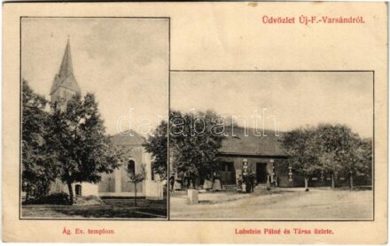 1911 Varsánd, Újfazekasvarsánd, Fazekasvarsánd, Olari; Evangélikus templom, Lobstein Pálné és Társa üzlete és saját kiadása / Lutheran church, publisher's shop (fa)
