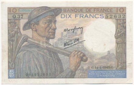 Franciaország 1943. 10Fr T:III beszakadás France 1943. 10 Francs C:F tear Krause P#99