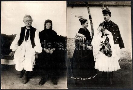 cca 1930-40 össz. 4 db népviseletes fotó: Matyó pár (Mezőkövesd), Öreg pár (Püspökladány), Sarkadi gulyások, Székely férfiak (Csatószeg, Csík megye). Egyiken töréssel, 14x22 cm körüli méretben