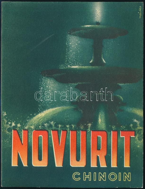 cca 1940 Novurit Chinoin gyógyszer karton kisplakát, később levélként feladva, szign.: Meister, szép állapotban, 17×13 cm