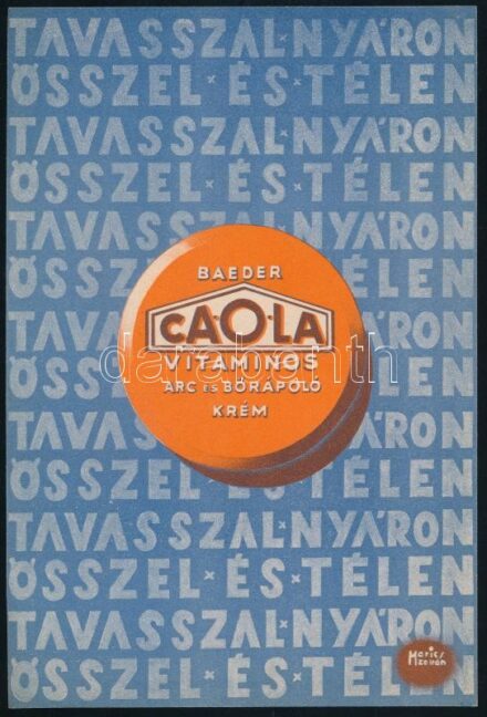 cca 1935 Caola bőrápoló krém reklámplakát, szign. Marics Zoltán, szép állapotban, 22×15 cm
