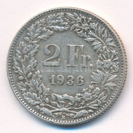Svájc 1936B 2Fr Ag T:2 patina, kis ph Switzerland 1936B 2 Francs Ag C:XF patina, small edge error Krause KM#21