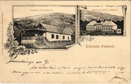 1900 Fülek, Filakovo; Palásthy villa, Stephány kastély háttérrel. Fénynyomat Divald műintézetéből / villa, castle. Art Nouveau, floral (EK)