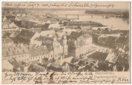 1905 Pozsony, Pressburg, Bratislava; Madártávlat, zsinagóga. Kiadja a 'Szolgáld ki magad' / Vogelperspective / general view with synagogue (ázott / wet damage)