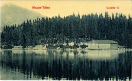 Tátra, Magas-Tátra, Vysoké Tatry; Csorba-tó. Hátoldalon sorsjegy a Klotild királyi főhercegnő Ő Fensége védnöksége alatt álló 'Fehér Kereszt' délvidéki gyermekvédő egyesület Szegény gyermekpoliklinikája javára / Strbské