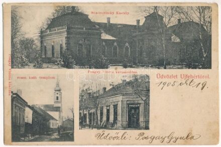 1905 Újfehértó, Nozdrovitzky kastély télen, Római katolikus templom, Posgay Vince üzlete és saját kiadása (EM)