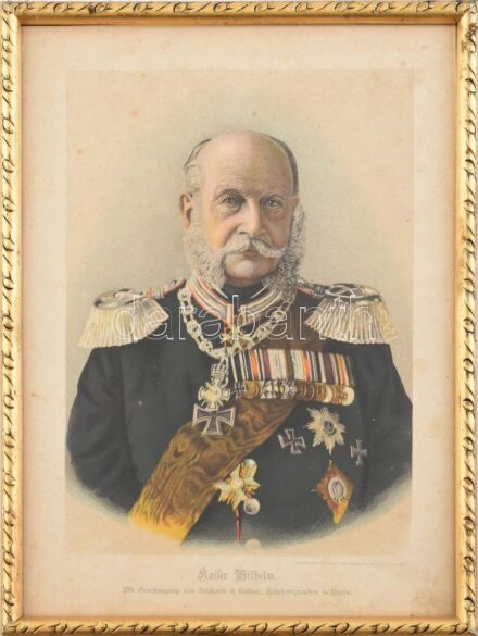 cca 1880 I. Vimos (1797-1888) német császár portréja, Fischer&Wittig kromotipográfiája, Reichardt&Lindner udvari fényképészek fotója után, foltos, dekoratív üvegezett fa keretben, 24x17 cm