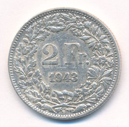Svájc 1943B 2Fr Ag T:2 patina Switzerland 1943B 2 Francs Ag C:XF patina Krause KM#21