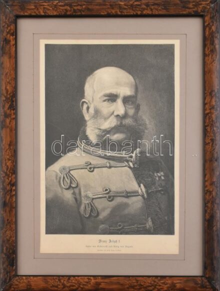 cca 1900 I. Ferenc József portréja. Fametszet, papír, jelzett a fametszeten (Holzschnitt von Richard Bong in Berlin). Dekoratív, kissé kopott üvegezett fa keretben, 34x23 cm