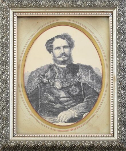 Dekoratív, kissé kopott üvegezett fa keret, Gróf Andrássy Gyula nyomattal, látható méret: 27x21 cm