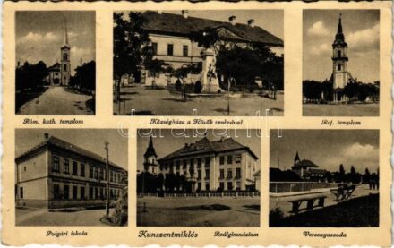 Kunszentmiklós, Római katolikus és református templom, községháza, Hősök szobra, polgári iskola, reálgimnázium, versenyuszoda (EK)