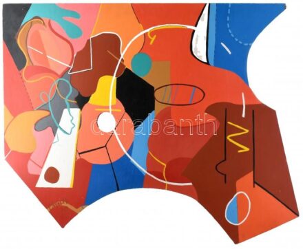 D Wolfe jelzéssel: Absztrakt kompozíció. 1970 körül, feltehetően kaliforniai művész, olaj, rétegelt falemez, kissé sérült, 125x92cm