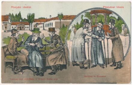 1913 Pöstyéni ideálok: Erősítő fürdés után, élvezetek. Antiszemita humor zsidó fürdővendégekkel. Schultz Paula kiadása. Judaika / Pöstyéner Ideale. Labung nach dem Bade. Genüsse / Ideals in Piestany. Anti-Semitic humour with