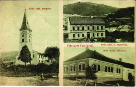 1911 Svedlér, Svedlár; Római katolikus templom, elemi iskola és plébánia. 7 L. Kiadja Szlovik Jenő / Catholic church, school and parish + 'SZOMOLNOK - MARGITFALVA 108' vasúti mozgóposta bélyegző (EK)