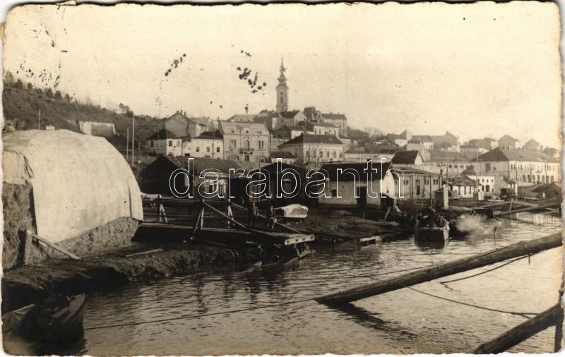 1916 Zimony, Zemun; Dunapart, kikötő, iparvasút, katonák / Danube riverside, port, soldiers, industrial railway. photo + 'K.u.K. Militär-Zensurkommission Újvidék' (fl)