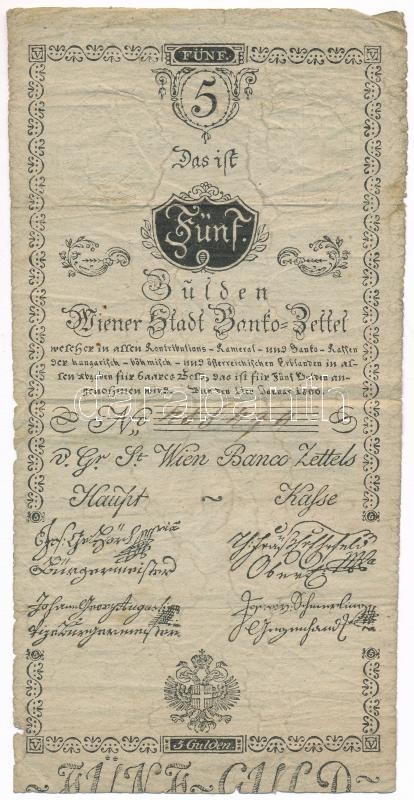 1800. 5G 'Bécsi városi bankócédula' vízjeles papíron T:III széleken kis szakadások Habsburg Monarchy 1800. 5 Gulden 'Wiener-Stadt Banco-Zettel' with watermark C:F small tears on the edge Adamo G32