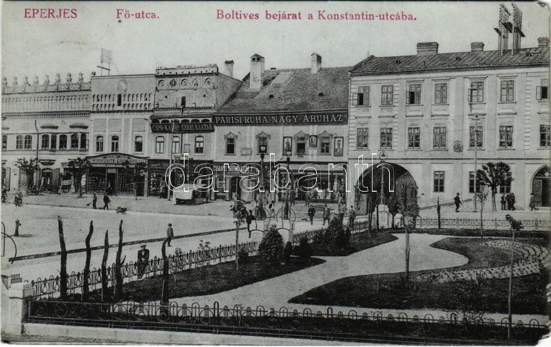 1914 Eperjes, Presov; Fő utca, boltíves bejárat a Konstantin utcába, Párisi ruha nagyáruház, cipő-kalap gyári raktár, Csányi műmalom lisztraktára, Moskovits cipőgyár, Goldberger üzlete. Divald Károly Fia / main street, shops,