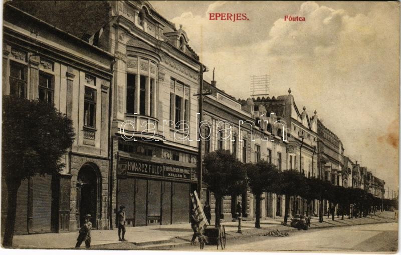 1914 Eperjes, Presov; Fő utca, Schwarcz Fülöp és Keller H. üzlete. Divald Károly fia kiadása / main street, shops (EK)