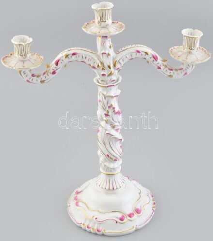 Herendi háromágú gyertyatartó, kézzel festett porcelán, jelzett, kopásnyomokkal, m:43cm