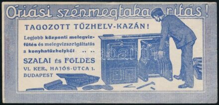 Szalai és Földes Bp. VI. ker. tagozott tűzhely-kazán számolócédula, szakadással