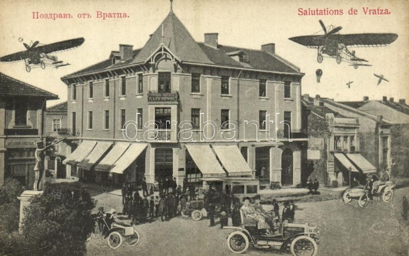 Vratsa, Vratza; Salutations / Montage with automobiles, aircrafts, balloon, autobus