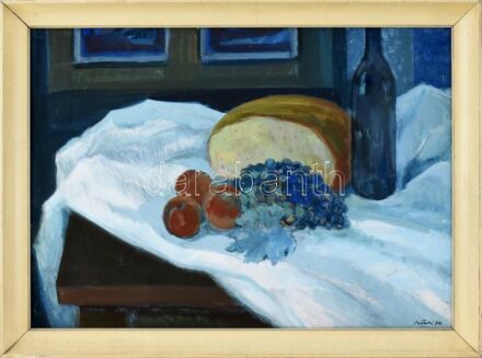 Pataki József (1928 - 1995): Kenyér és szőlő. Olaj, farost. Sérült fakeretben. 50x71cm