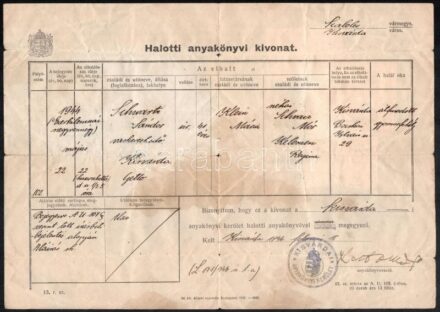 1944-ben a kisvárdai gettóban elhunyt személy halotti anyakönyvi kivonata 1946-ból