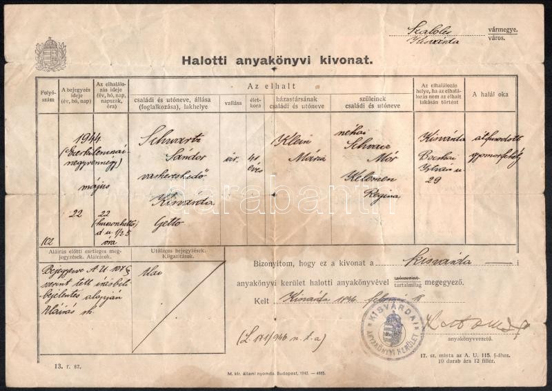 1944-ben a kisvárdai gettóban elhunyt személy halotti anyakönyvi kivonata 1946-ból
