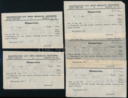 1940 Rákospalotai Auth Orth. Hitközség 5 db elismervénye adó és egyéb megfizetéséről